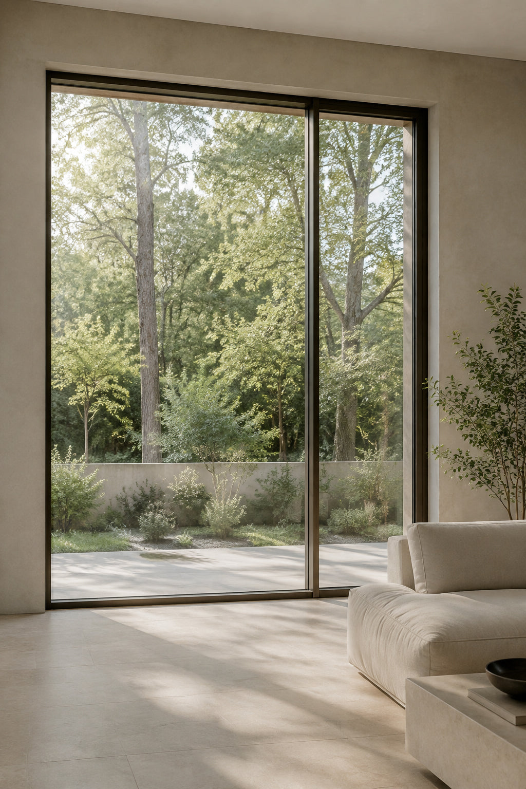 Concept image: a minimal living room with a slim dark window frame and an open garden view.