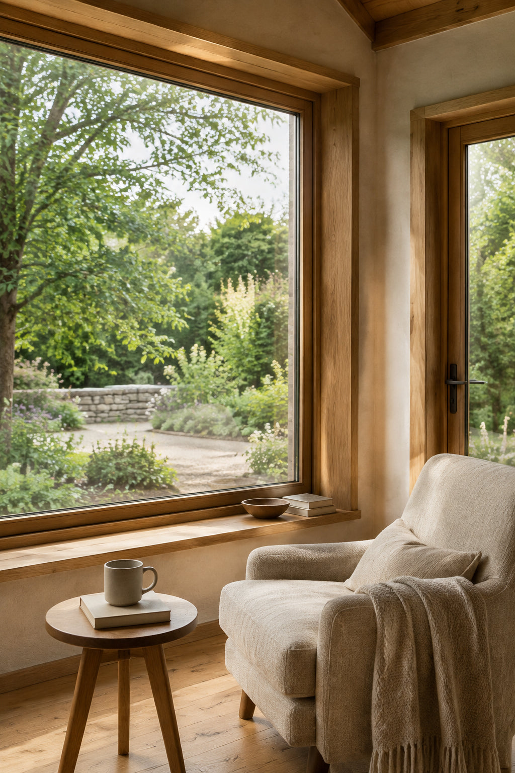 Concept image: a warm living room with wood tones, natural materials, and a large garden-facing window.