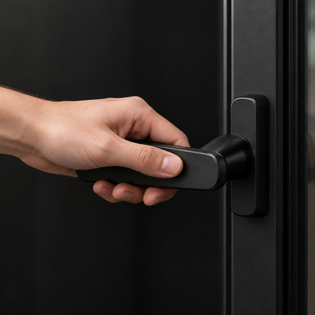 Hand operating a matte black window handle
