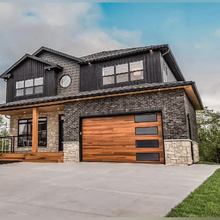 Automatic combined light transmission electric aluminum garage door with wood color - Doorwin Group Windows & Doors