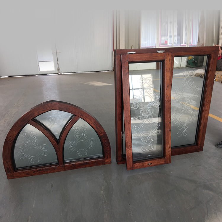 Customized Specialty Shapes Design Arc Top Oak Wood Window Frame with Carved Glass by Doorwin — product image 2