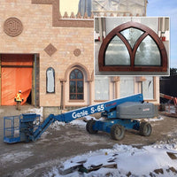 Customized Specialty Shapes Design Arc Top Oak Wood Window Frame with Carved Glass by Doorwin — thumbnail 3