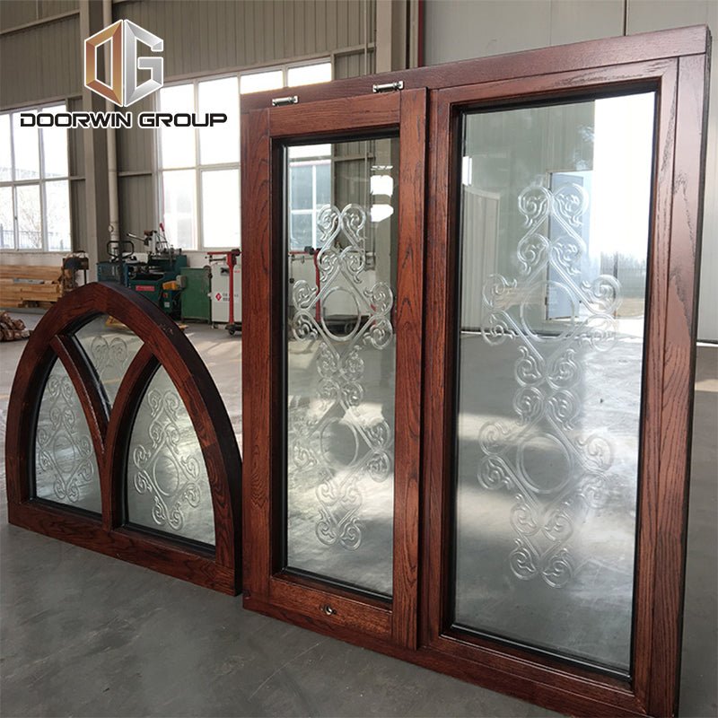 Fantastic arched oak wood window frame fixed transom and bottom rectangle window with carved glass — product image 4