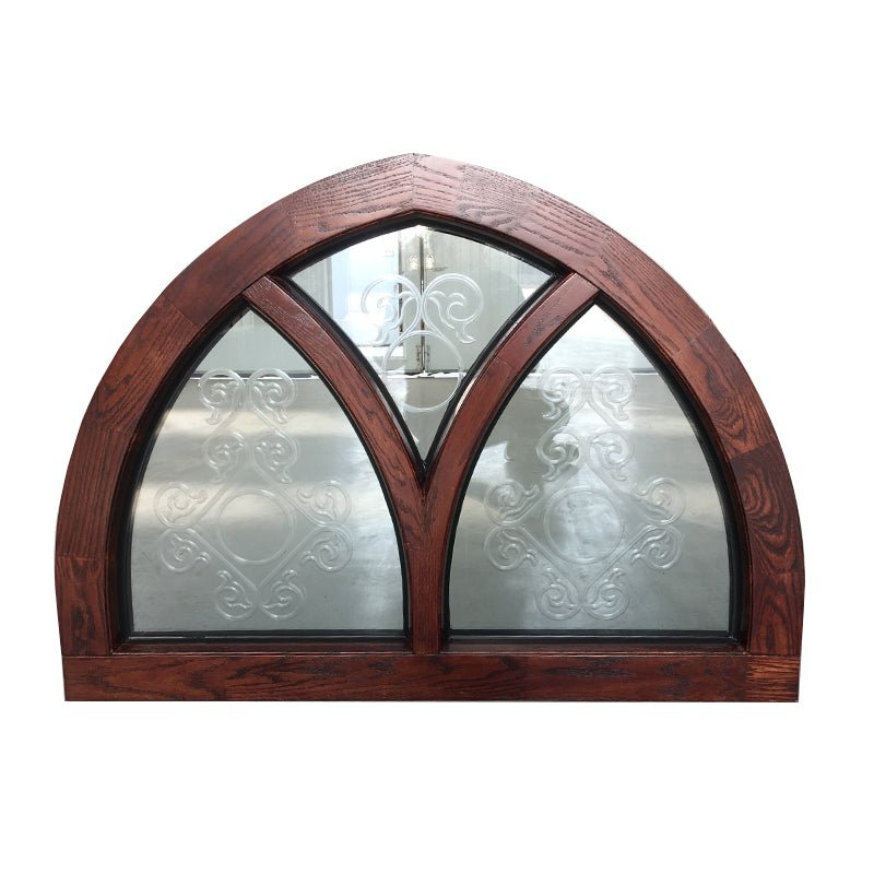 Fantastic arched oak wood window frame fixed transom and bottom rectangle window with carved glass — product image 1