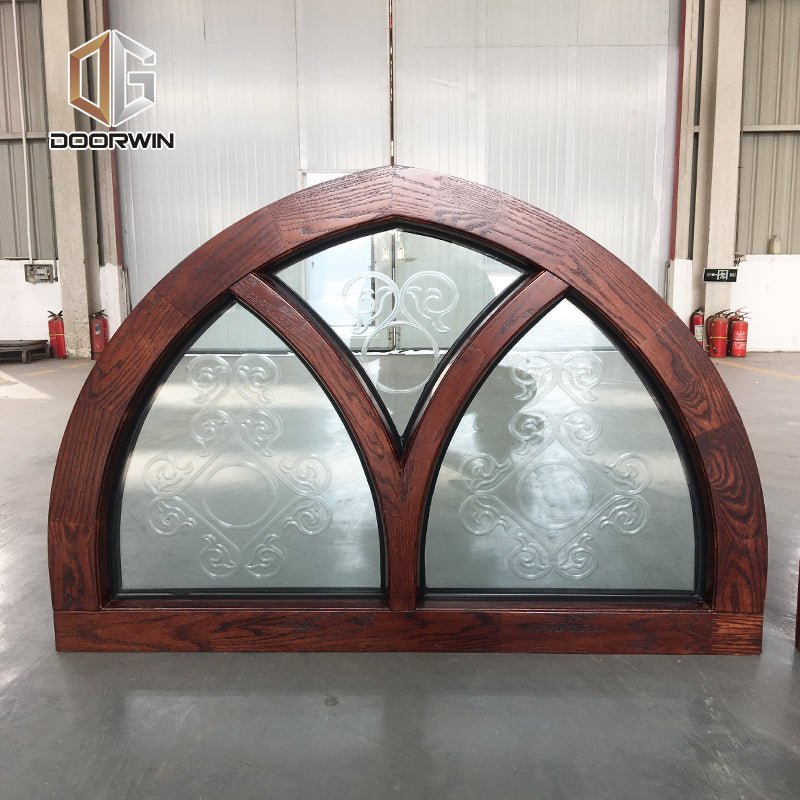 Fantastic arched oak wood window frame fixed transom and bottom rectangle window with carved glass — product image 2