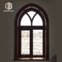 Fantastic arched oak wood window frame fixed transom and bottom rectangle window with carved glass — thumbnail 7