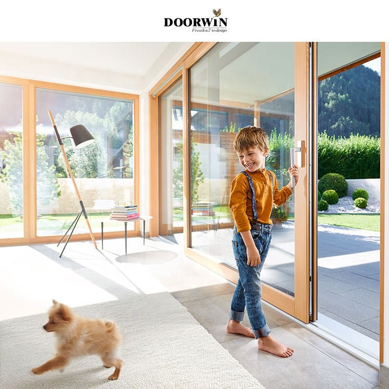 oak wooden 2 panel sliding glass doors with built in blinds — product image 3