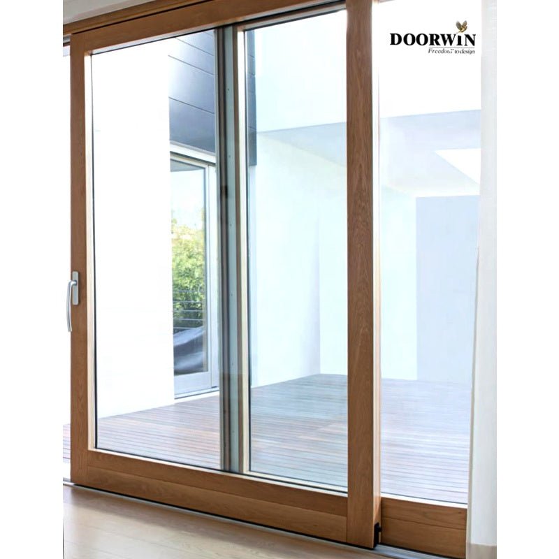 oak wooden 2 panel sliding glass doors with built in blinds - Doorwin Group Windows & Doors