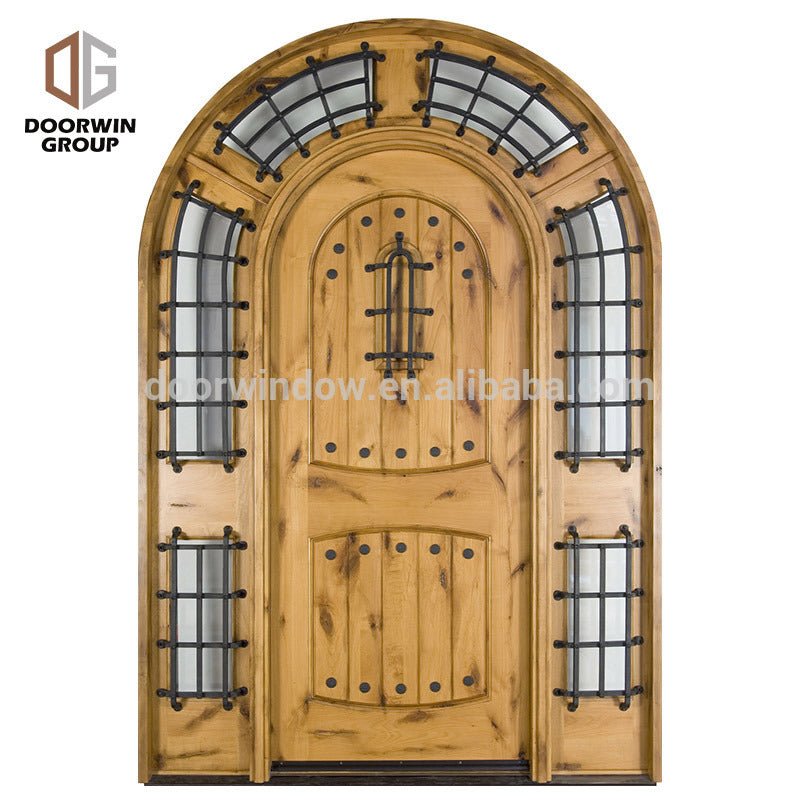 safety door design with grill Single entry wood doors arched french doors made of solid knotty alder by Doorwin — product image 1