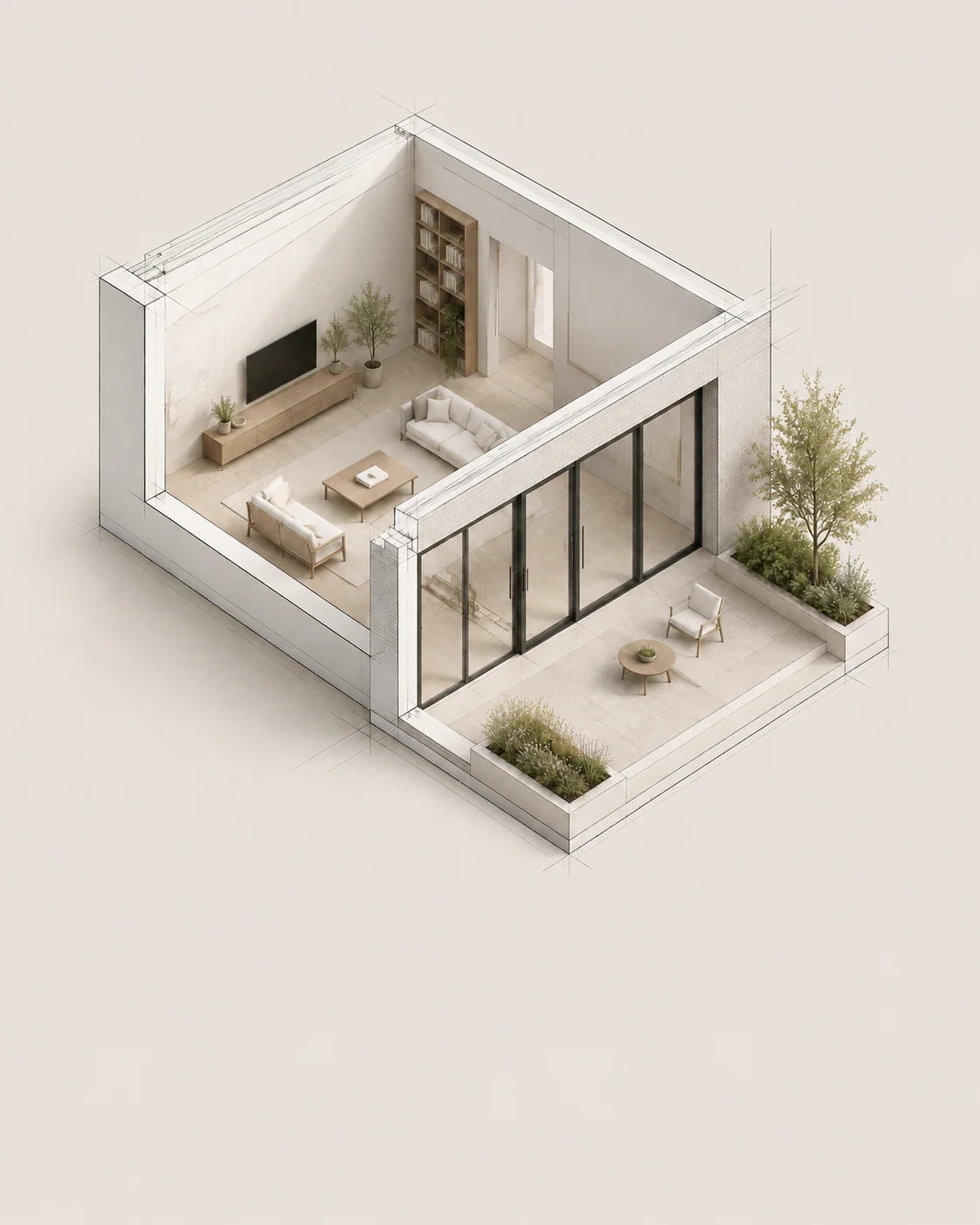 Concept illustration: an axonometric cutaway house model shows windows and doors in relation to the interior, facade and terrace.