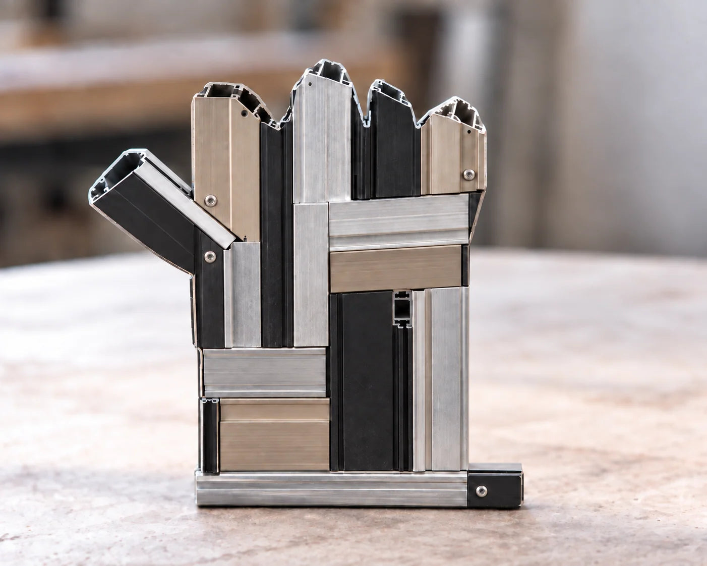 Concept image of a handmade aluminum-frame hand sculpture with uneven fingertips and a thumb extending to the left.