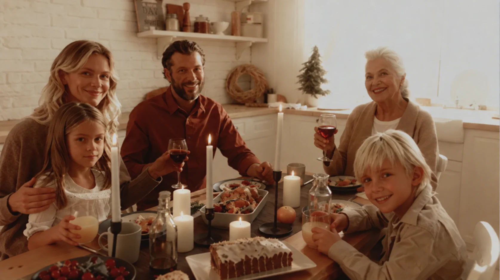 Three generations of a family enjoying a meal together at home.