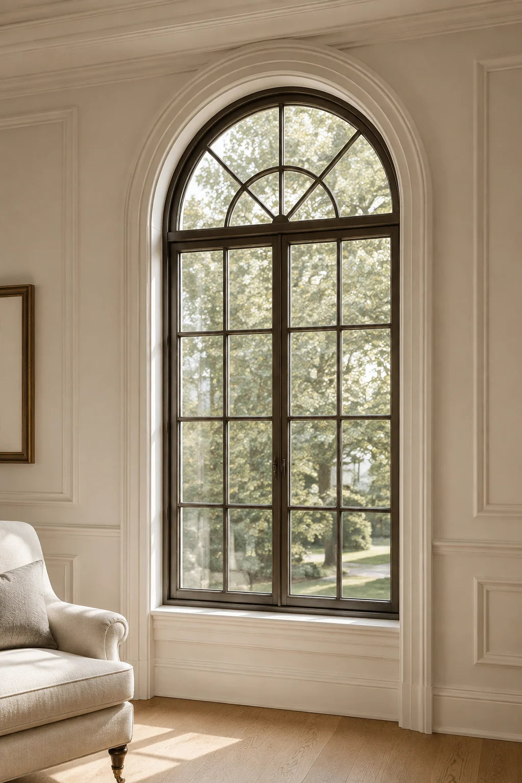 Concept image: a classic American living room with an arched divided-light window and traditional architectural details.