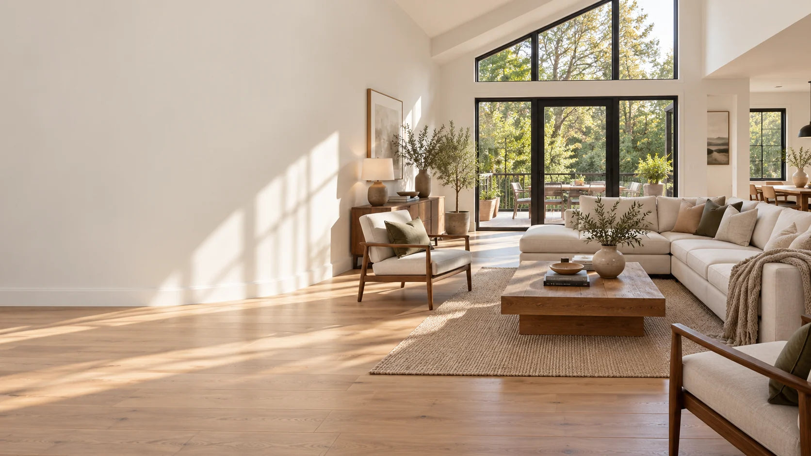 A sunlit living room with warm wood furnishings, large glazed doors, and angled clerestory windows overlooking trees.