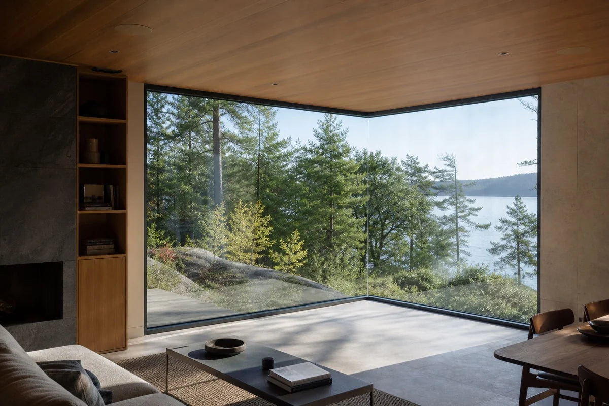 Concept image: fixed corner glazing frames a wooded lake view.