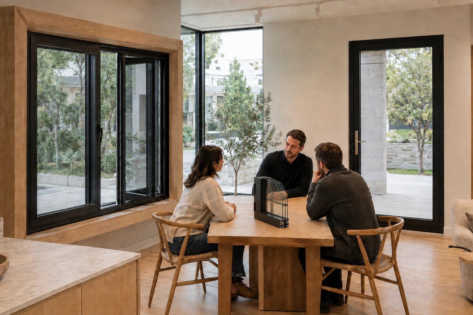 Concept image: three people seated around a showroom table discuss a window corner sample beside full-size window and door displays.