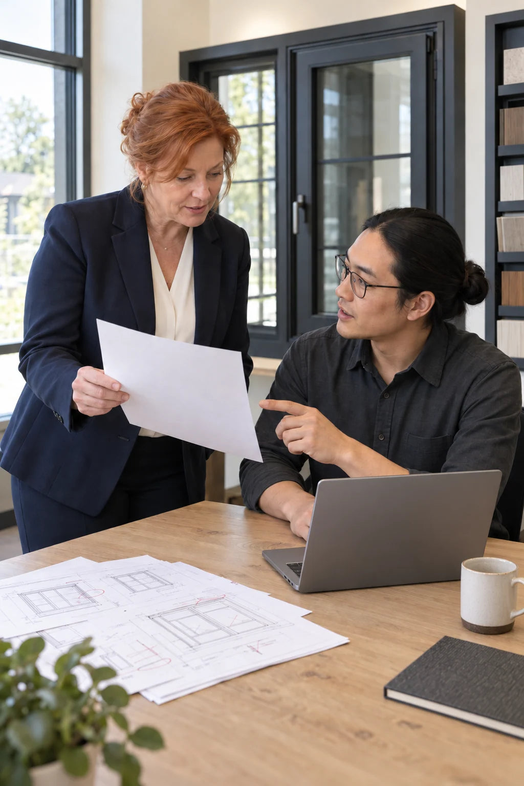 Concept image: a mature red-haired businesswoman and a young Asian technician with his hair tied back review an A4 sheet beside an open laptop in a window showroom.