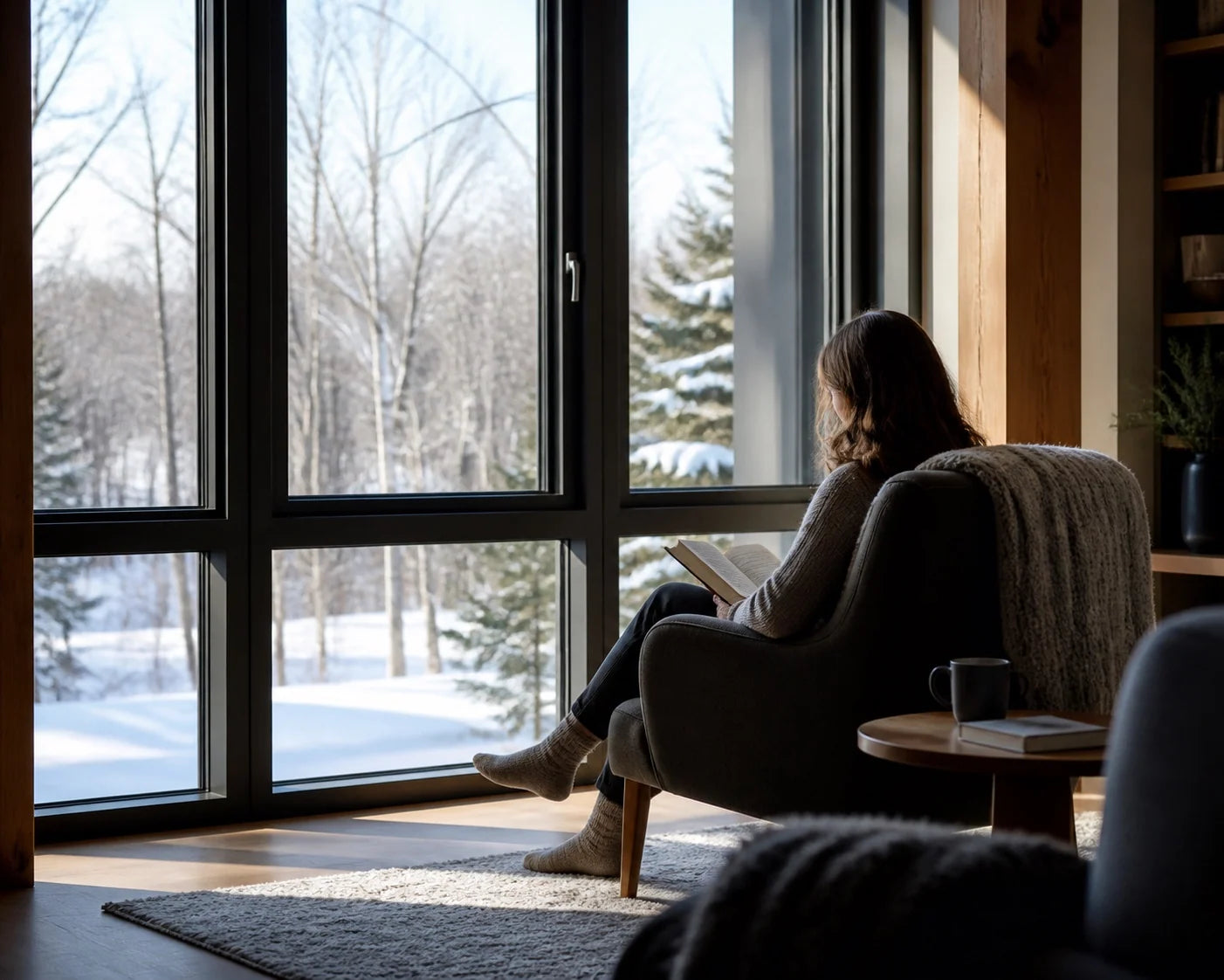 Concept image: a reader sits beside a large window overlooking a snowy garden.