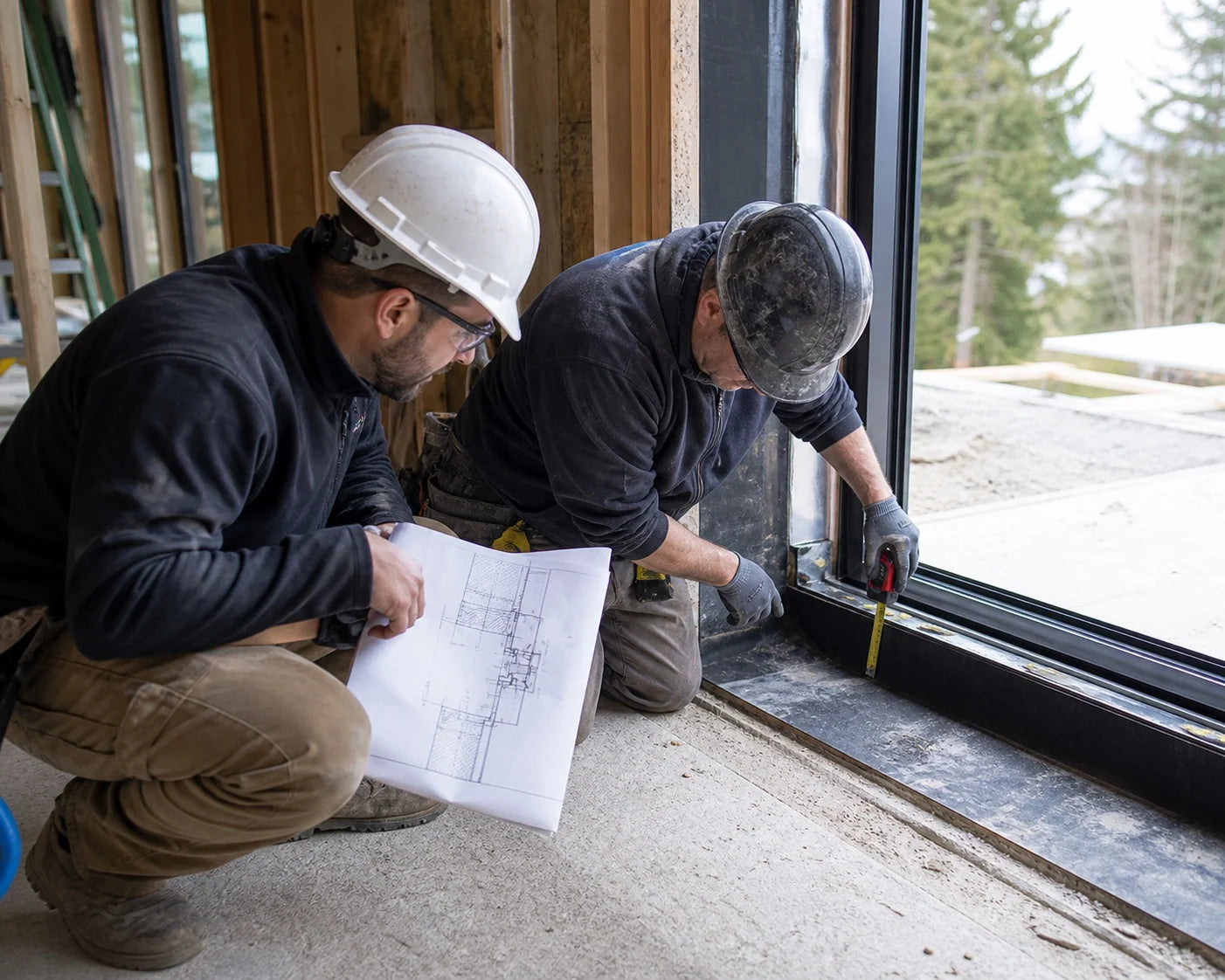 Concept image: installers check a window detail against a drawing at a construction site.